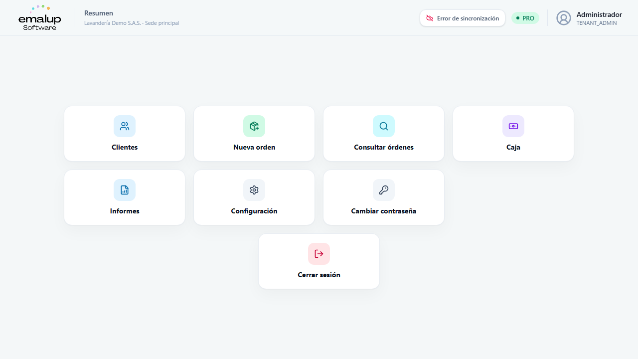 Dashboard actual de Emalup Laundry para Windows